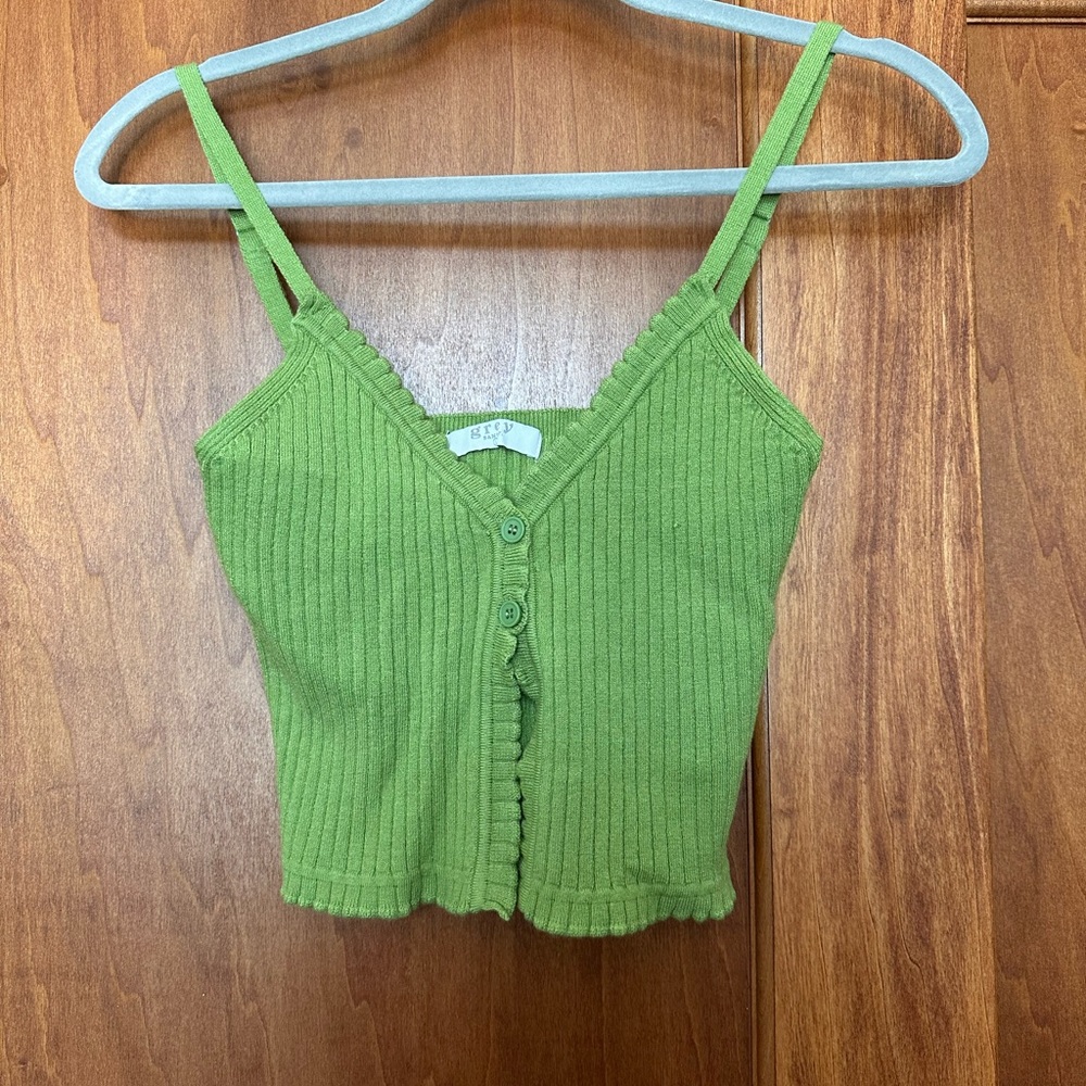 Green Ribbed V‑Neck Button Tank Top